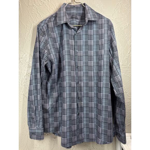 Tasso Elba Men's Black Blue Dobby Woven Button Down Plaid Shirt Size Medium - Picture 1 of 5